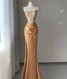 Pretty Mermaid Strapless Satin Sleeveless Long Prom Dresses Evening Dresses HZ1121