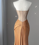 Pretty Mermaid Strapless Satin Sleeveless Long Prom Dresses Evening Dresses HZ1121