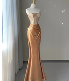 Pretty Mermaid Strapless Satin Sleeveless Long Prom Dresses Evening Dresses HZ1121