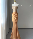 Pretty Mermaid Strapless Satin Sleeveless Long Prom Dresses Evening Dresses HZ1121