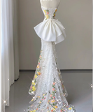 Pretty Mermaid Strapless Lace White Sleeveless Long Prom Dresses Evening Dresses HZ1121