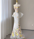 Pretty Mermaid Strapless Lace White Sleeveless Long Prom Dresses Evening Dresses HZ1121