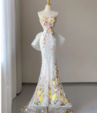 Pretty Mermaid Strapless Lace White Sleeveless Long Prom Dresses Evening Dresses HZ1121