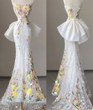 Pretty Mermaid Strapless Lace White Sleeveless Long Prom Dresses Evening Dresses HZ1121