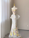 Pretty Mermaid Strapless Lace White Sleeveless Long Prom Dresses Evening Dresses HZ1121