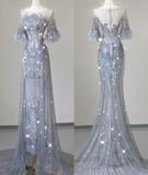 Pretty Mermaid Scoop Lace Short Sleeves Long Silver Prom Dresses Evening Dresses HZ1121