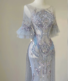 Pretty Mermaid Scoop Lace Short Sleeves Long Silver Prom Dresses Evening Dresses HZ1121