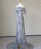 Pretty Mermaid Scoop Lace Short Sleeves Long Silver Prom Dresses Evening Dresses HZ1121
