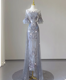 Pretty Mermaid Scoop Lace Short Sleeves Long Silver Prom Dresses Evening Dresses HZ1121