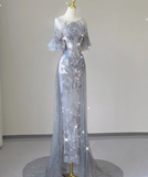 Pretty Mermaid Scoop Lace Short Sleeves Long Silver Prom Dresses Evening Dresses HZ1121
