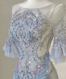Pretty Mermaid Scoop Lace Short Sleeves Long Silver Prom Dresses Evening Dresses HZ1121