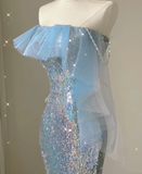 Pretty Mermaid Strapless Blue Sequin Long Silver Prom Dresses Evening Dresses HZ1121