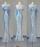 Pretty Mermaid Strapless Blue Sequin Long Silver Prom Dresses Evening Dresses HZ1121