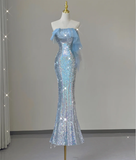 Pretty Mermaid Strapless Blue Sequin Long Silver Prom Dresses Evening Dresses HZ1121