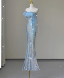 Pretty Mermaid Strapless Blue Sequin Long Silver Prom Dresses Evening Dresses HZ1121