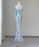 Pretty Mermaid Strapless Blue Sequin Long Silver Prom Dresses Evening Dresses HZ1121