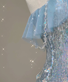 Pretty Mermaid Strapless Blue Sequin Long Silver Prom Dresses Evening Dresses HZ1121