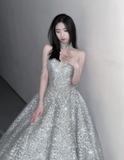 Pretty Ball Gown Strapless Sequin Long Silver Prom Dresses Sparkly Evening Dresses HZ1121