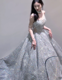Pretty Ball Gown Strapless Sequin Long Silver Prom Dresses Sparkly Evening Dresses HZ1121