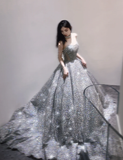 Pretty Ball Gown Strapless Sequin Long Silver Prom Dresses Sparkly Evening Dresses HZ1121