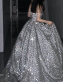 Pretty Ball Gown Strapless Sequin Long Silver Prom Dresses Sparkly Evening Dresses HZ1121
