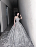 Pretty Ball Gown Strapless Sequin Long Silver Prom Dresses Sparkly Evening Dresses HZ1121