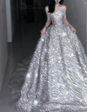 Pretty Ball Gown Strapless Sequin Long Silver Prom Dresses Sparkly Evening Dresses HZ1121
