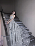 Pretty Ball Gown Strapless Sequin Long Silver Prom Dresses Sparkly Evening Dresses HZ1121