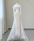 Classy Elegant Mermaid Off The Shoulder White Long Sleeves Lace Wedding Dresses Brides Dress HZ1121