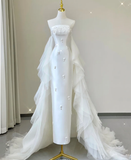 Unique Sheath Strapless Neckline Satin Long Wedding Dresses White Brides Dress HZ1121