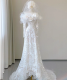 Classy Elegant Mermaid Off The Shoulder White Long Sleeves Flowers Wedding Dresses Brides Dress HZ1121