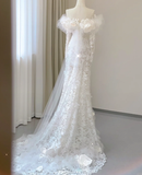 Classy Elegant Mermaid Off The Shoulder White Long Sleeves Flowers Wedding Dresses Brides Dress HZ1121