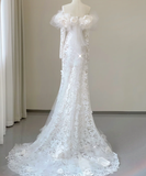 Classy Elegant Mermaid Off The Shoulder White Long Sleeves Flowers Wedding Dresses Brides Dress HZ1121