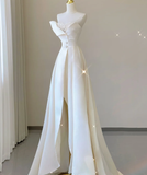 Unique A line Strapless Neckline Satin Long Wedding Dresses White Brides Dress HZ1121
