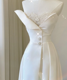Unique A line Strapless Neckline Satin Long Wedding Dresses White Brides Dress HZ1121