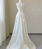 Unique A line Strapless Neckline Satin Long Wedding Dresses White Brides Dress HZ1121