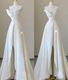 Unique A line Strapless Neckline Satin Long Wedding Dresses White Brides Dress HZ1121