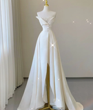Unique A line Strapless Neckline Satin Long Wedding Dresses White Brides Dress HZ1121