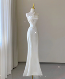 Classy Elegant Mermaid One Shoulder White Long Satin Wedding Dresses Brides Dress HZ1121