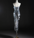 Pretty Mermaid Strapless Sleeveless Sequin Long Silver Prom Dresses Simple Evening Dresses HZ1121