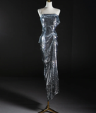 Pretty Mermaid Strapless Sleeveless Sequin Long Silver Prom Dresses Simple Evening Dresses HZ1121