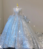 Timeless Ball Gown V Neckline Sequin Blue Long Sleeves Wedding Dresses Brides Dress HZ1121
