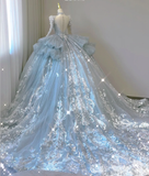 Timeless Ball Gown V Neckline Sequin Blue Long Sleeves Wedding Dresses Brides Dress HZ1121
