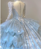 Timeless Ball Gown V Neckline Sequin Blue Long Sleeves Wedding Dresses Brides Dress HZ1121
