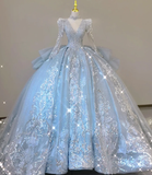 Timeless Ball Gown V Neckline Sequin Blue Long Sleeves Wedding Dresses Brides Dress HZ1121