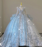 Timeless Ball Gown V Neckline Sequin Blue Long Sleeves Wedding Dresses Brides Dress HZ1121