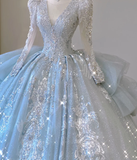 Timeless Ball Gown V Neckline Sequin Blue Long Sleeves Wedding Dresses Brides Dress HZ1121