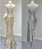 Pretty Mermaid Strapless Sleeveless Sequin Long Prom Dresses Simple Evening Dresses HZ1121