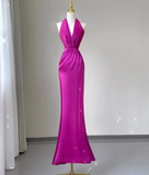Pretty Mermaid Halter Pink Satin Long Prom Dresses Evening Dresses HZ1121
