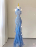 Pretty Mermaid Halter Blue Sequin Sleeveless Long Prom Dresses Evening Dresses HZ1121